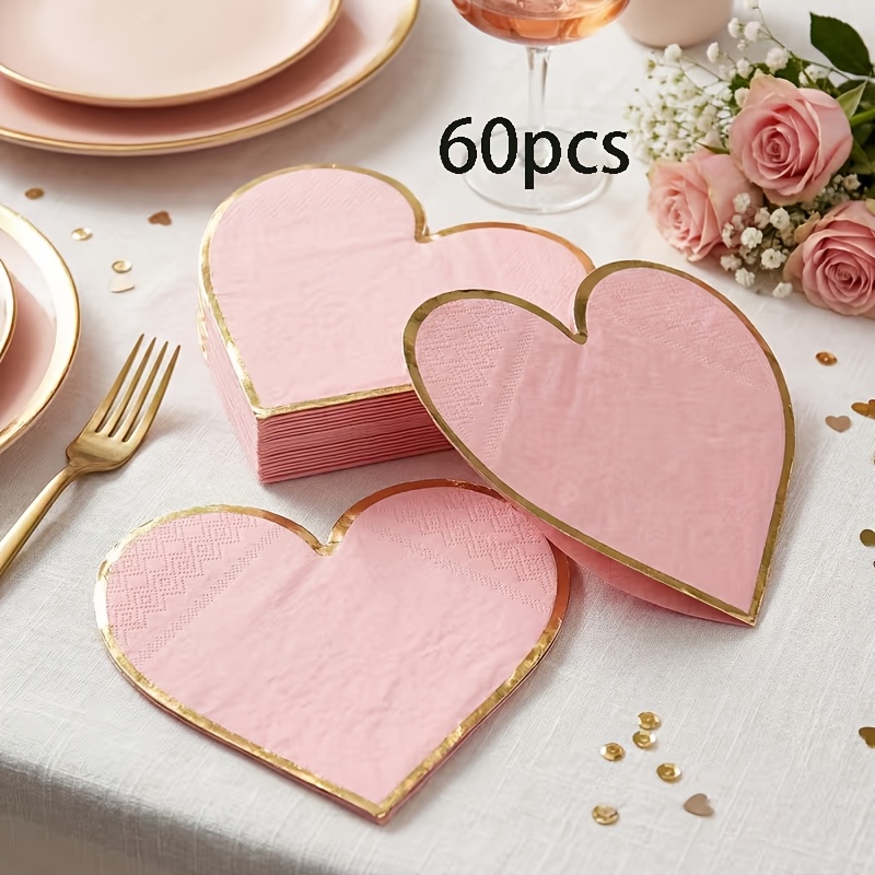 TEMU 20/60pcs, Serviettes de cocktail jetables de cœur rose avec bordure dorée, 6,5 pouces, mouchoirs en papier de cœur pour la Saint-Valentin, décor