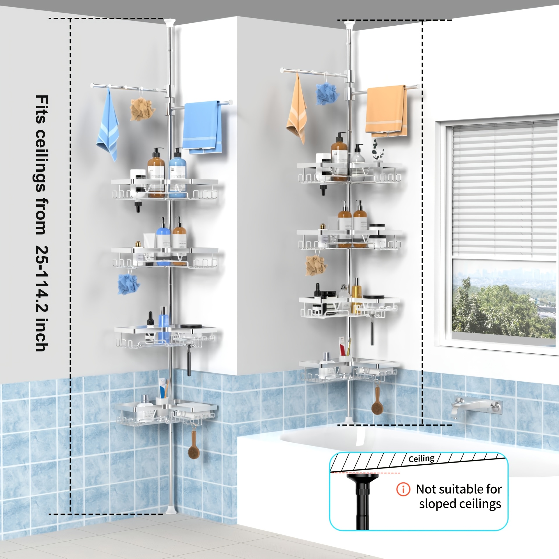 Image of Bathroom Rack, 115 Inch Adjustable Corner Shelf With 2 Towel Bars And 4 Metal Baskets, Anti Rust Bathroom Storage Rack, Suitable For And Families, Silvery Christmas Gift And Storage Solution