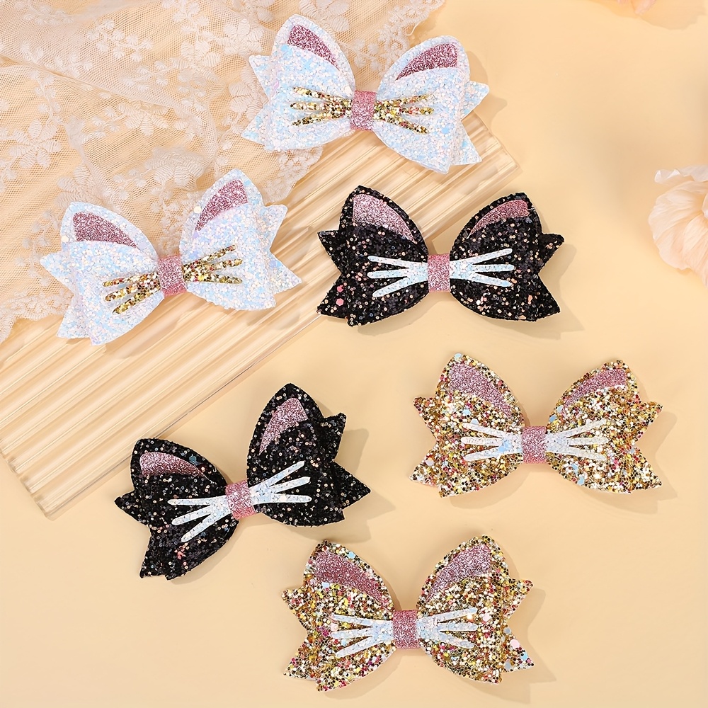 

2pcs Solid Color ' Bow Cat Hair Clip Printed Fabric Girl Ponytail Pair Clip Holiday Ball Hair Accessories Cat Hair Accessories