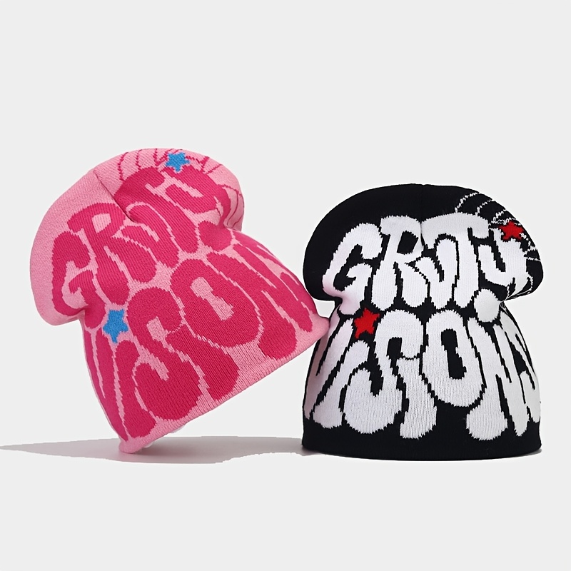 

1pc Bonnet unisexe Hip-Hop en Y2K, bonnet en acrylique élastique avec jacquard à lettres, bonnet de ski chaud pour couples, plumes, lavable à