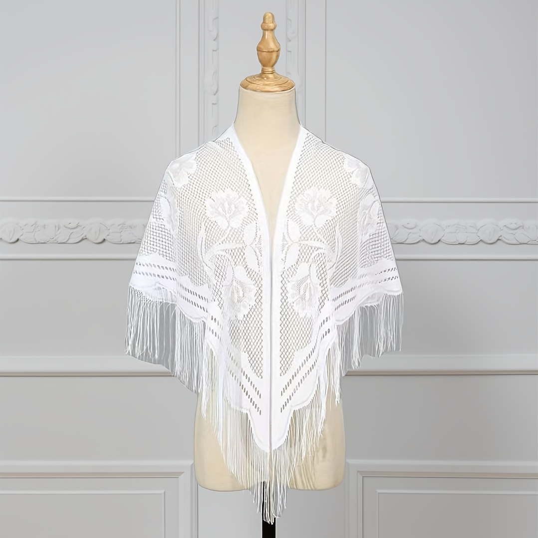 TEMU Elegant White Lace Women's Scarf With 5 Floral Patterns & Tassels - Breathable, Sun-protective, Machine Washable, Vintage- For Outdoor Activities, Lace Scarf