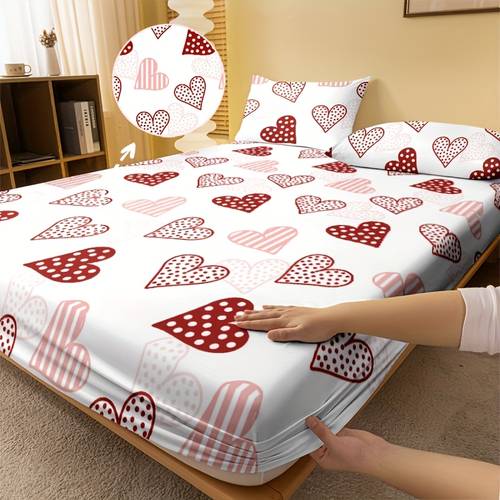 1pc style dessert heart pattern printed brushed fitted sheet bedroom use printed bed cover fitted sheet bedding does not pillowcase as gifts for parents on festivals or parties