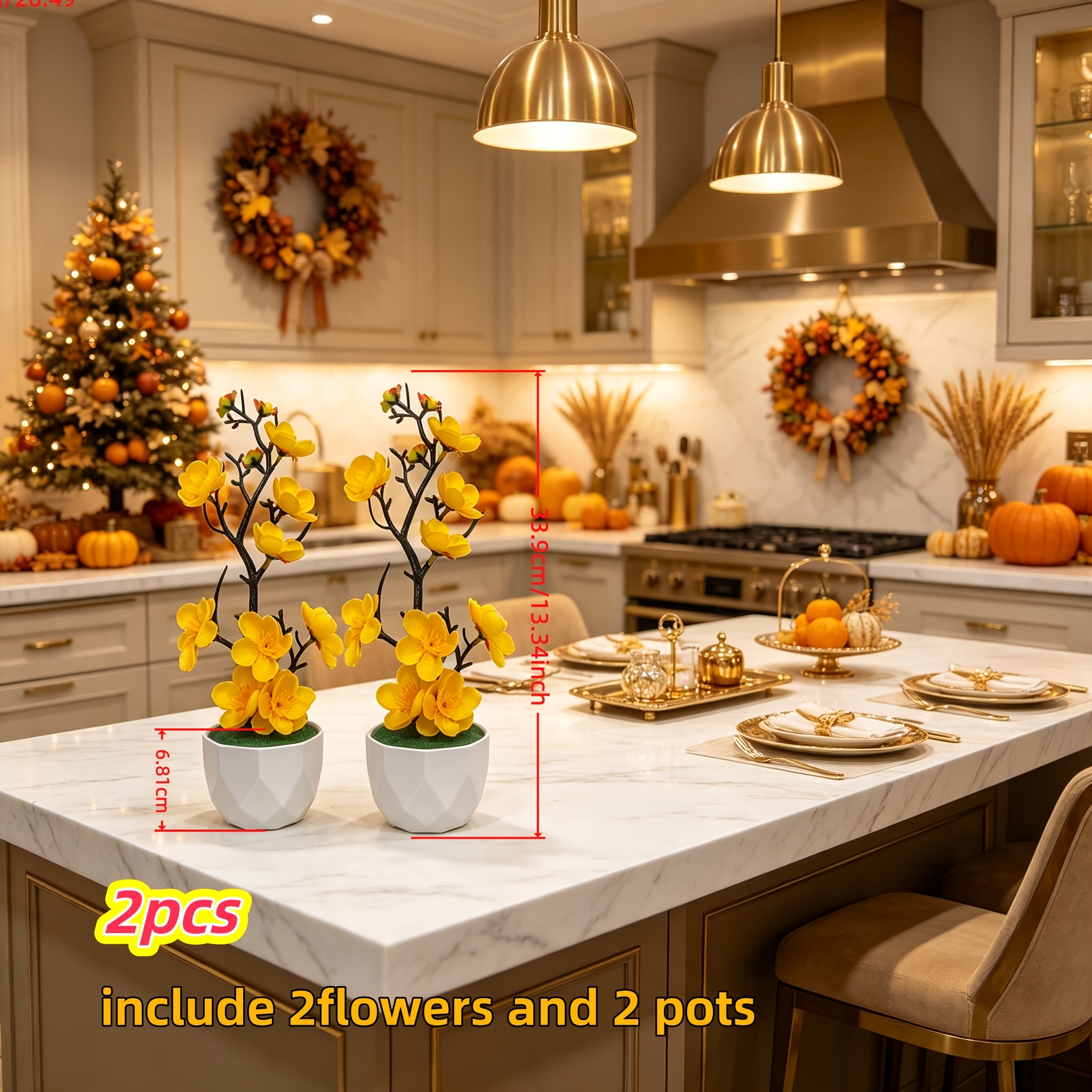 TEMU 2 Sets = 2 Plants   2 Pots, Exquisite Home Decor Artificial Greenery, Autumn-colored Plum Potted Plant, With Natural-looking Artificial Branches