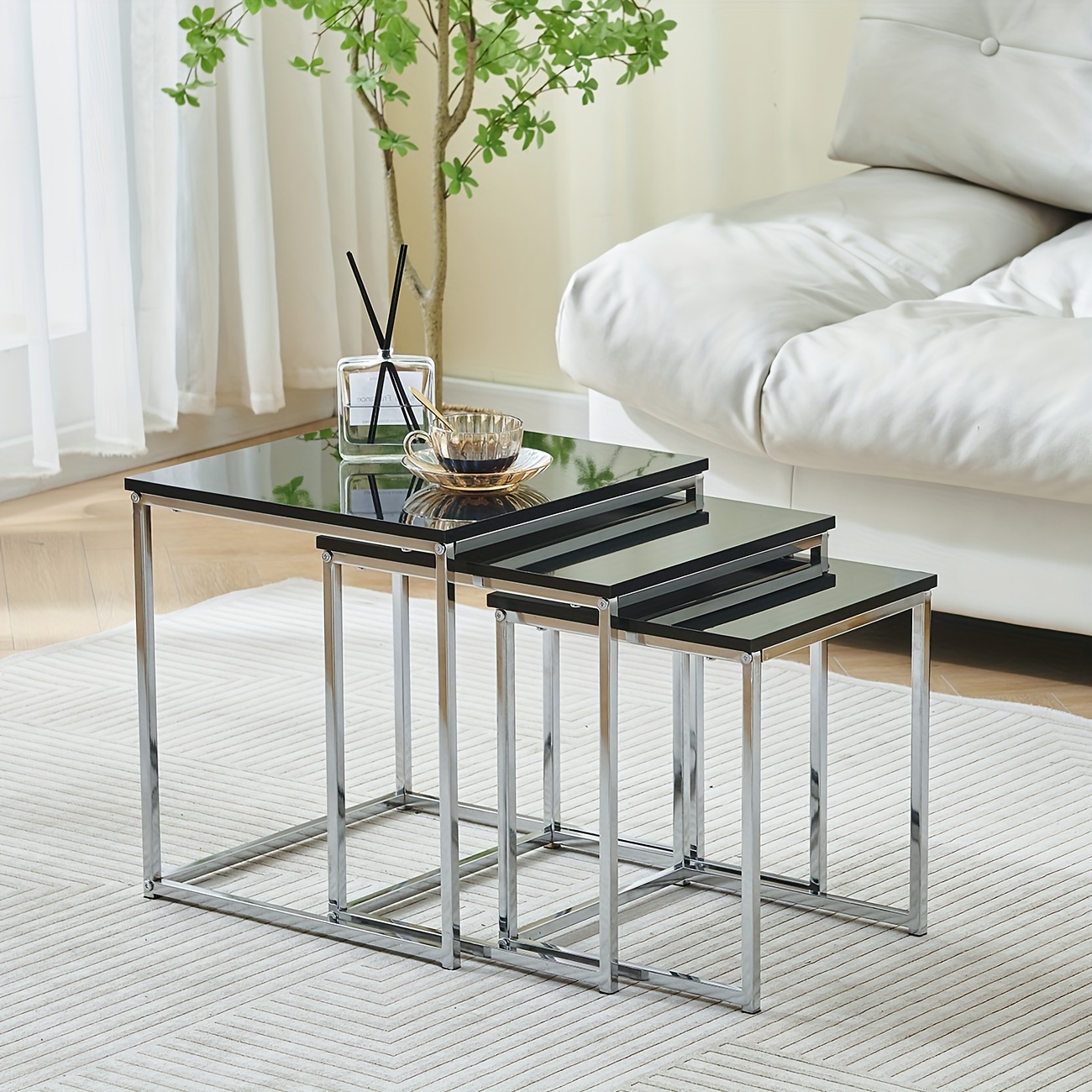 

Living Room Nesting Coffee Table Set Of 3 High Glossing Marble Effect, Small Square Side Sofa Table 3 In 1 Nested Table Corner Little End Table Stackable Wood Tabletop With Chrome Frame