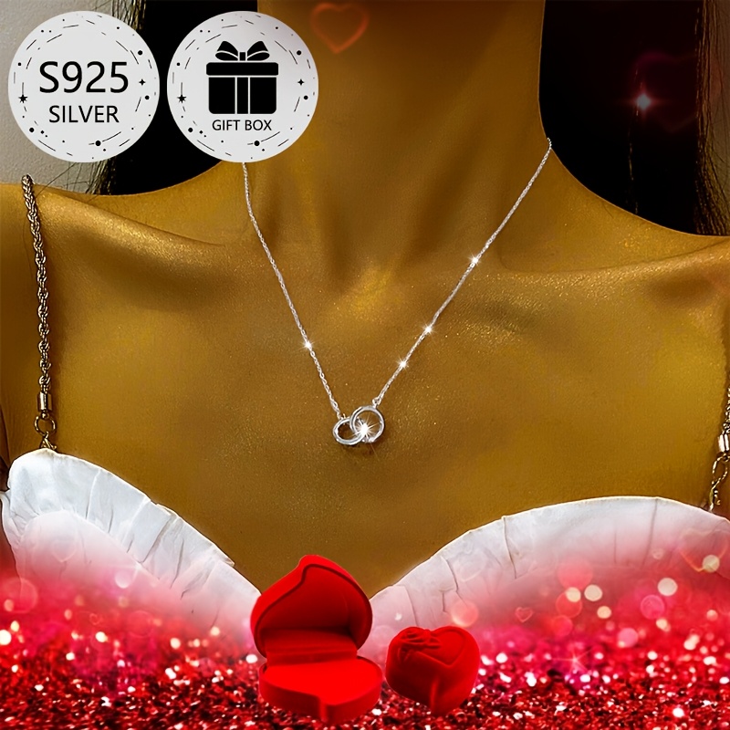 

1pc Elegant 925 Sterling Silver Necklace For Women, Luxury Interlocking Rings Pendant With Synthetic Zirconia, Gift Box Included, Parties, Banquets, And , Ideal Valentine's Day Present For Girlfriend