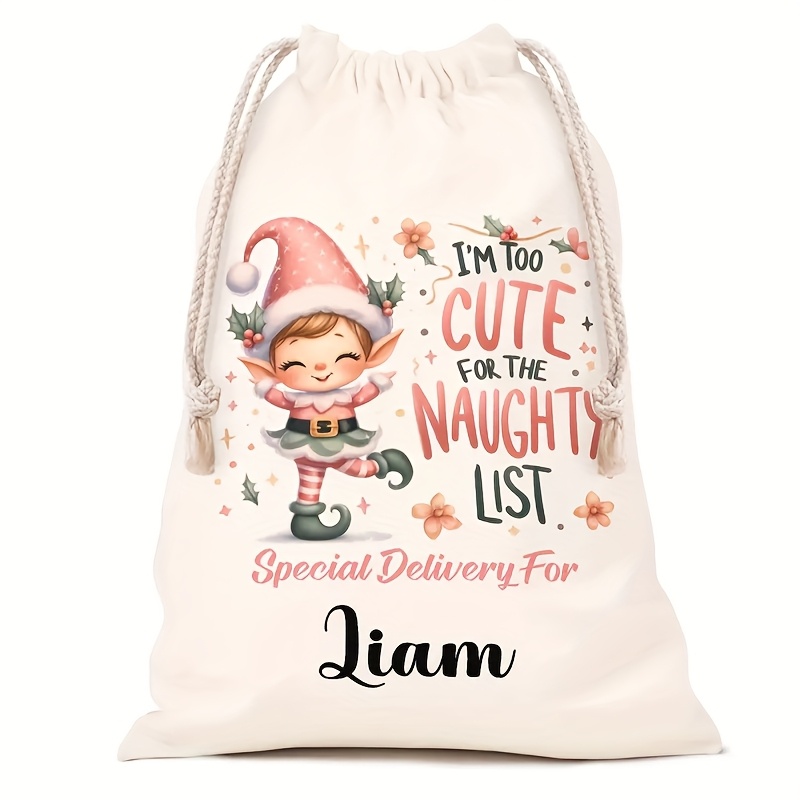TEMU Personalized Santa Sack With Custom Name And Naughty/ Letter - Extra Large Canvas Christmas Gift Bag, Drawstring Closure, Holiday And Snowflakes