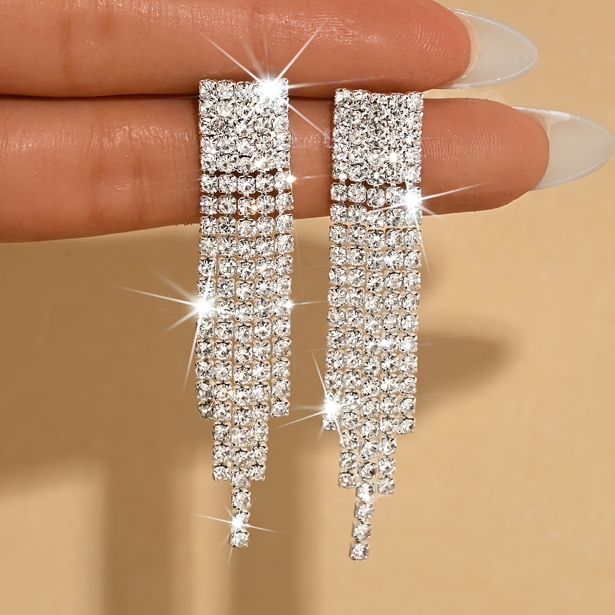 TEMU Luxurious And Elegant Women's Fashion Earrings, Sparkling Tassel Rhinestone Earrings, Suitable For Weddings, Banquets, Balls, And Graduation