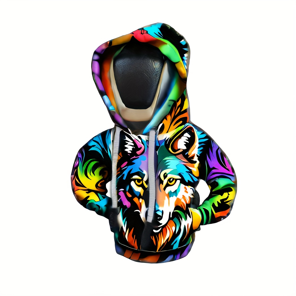 Image of 1pc Creative Graffiti Wolf Hoodie Car Gear Shift Knob Cover, Polyester Fiber Stick Protector, Dustproof Transmission Lever Sleeve, Vehicle Accessory, Decorative Gift For
