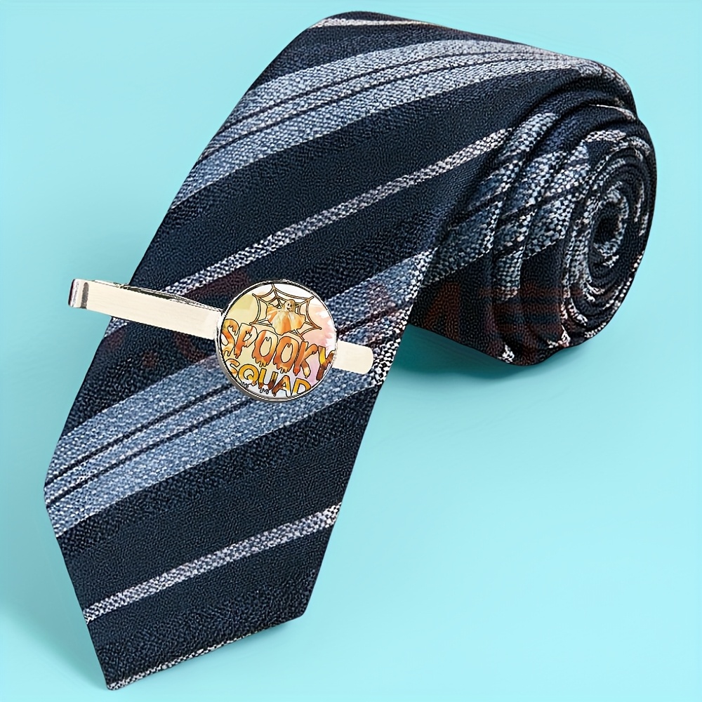 Spooky Squad Halloween Tie Clip with Spider Web & Pumpkin Motif