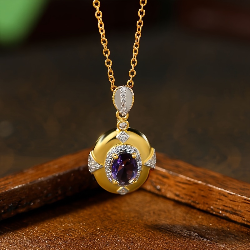 Image of 1pc Textured Golden Carving Violet Gem Necklace Golden Clavicle Chain, Suitable For Weddings, Parties, Daily Wear, Etc., A For Gifts