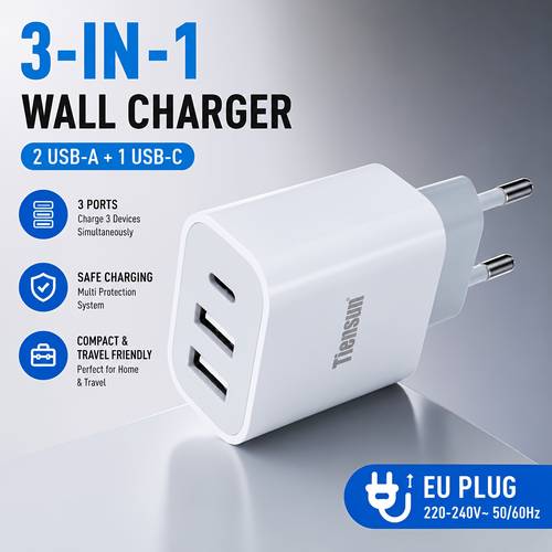 ladegerät, gleichzeitig 3 geräte auf einmal laden – kompaktes eu-wandladegerät mit 2 usb-a & 1 usb-c anschlüssen, reise-ladegerät für iphone, galaxy, ipad & mehr