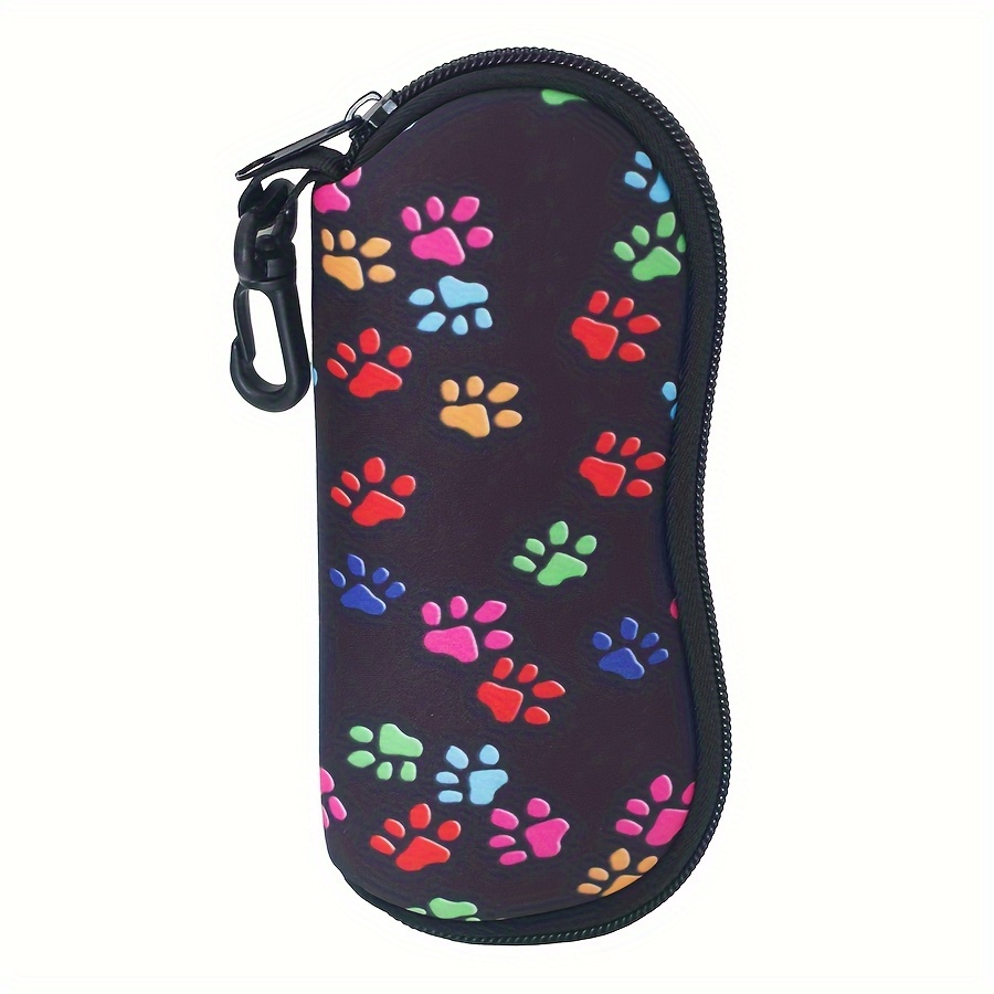 

1-pack Soft Neoprene Eyeglass Case With Colorful Paw Print Design, Portable Sunglasses Pouch With Durable Clasp Clip And Easy-use Zipper For Travel & Sports, Unisex