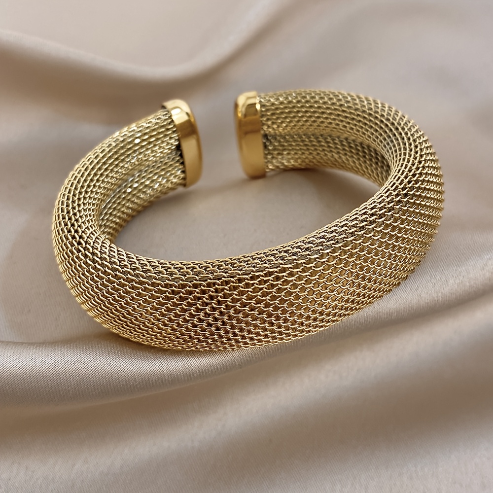 TEMU Vintage Thick Stainless Steel Wide Mesh Cuff Bangle Bracelet - Opening Bangle - Elegant Retro-style Jewelry For Women And Men, Ideal Gift For