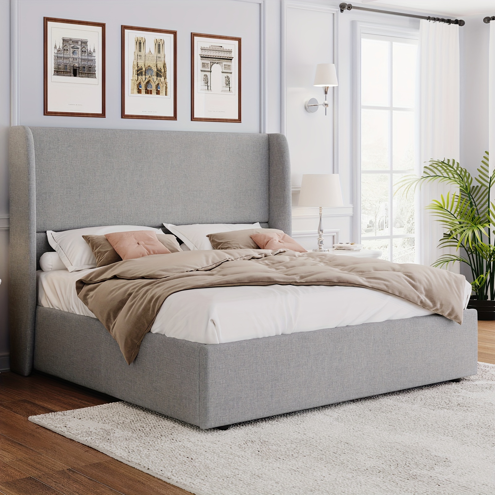 TEMU Lit de Rangement Rehausseur Queen Size, Chambre à Coucher sur Plateforme Rembourrée avec Rangement Hydraulique