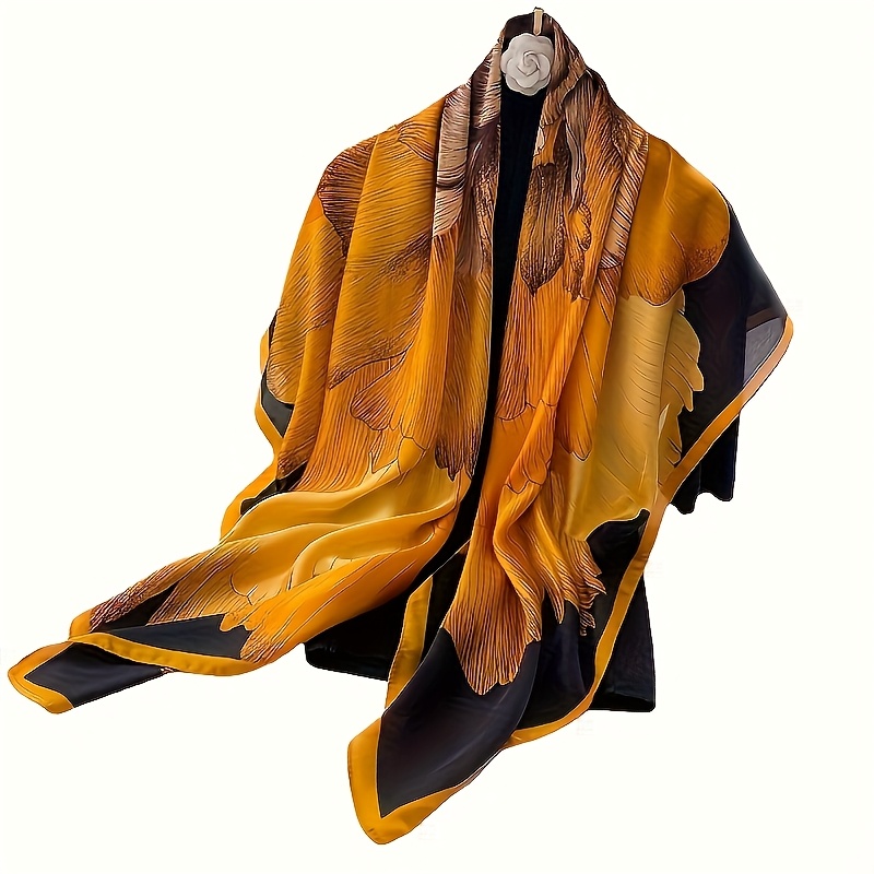 TEMU 43.3" Stylish Flower Print Silk Square Scarf Purple Thin Bretahable Silky Shawl Casual Versatile Sunscreen Headscarf Towel Hijab Bandana Scarf