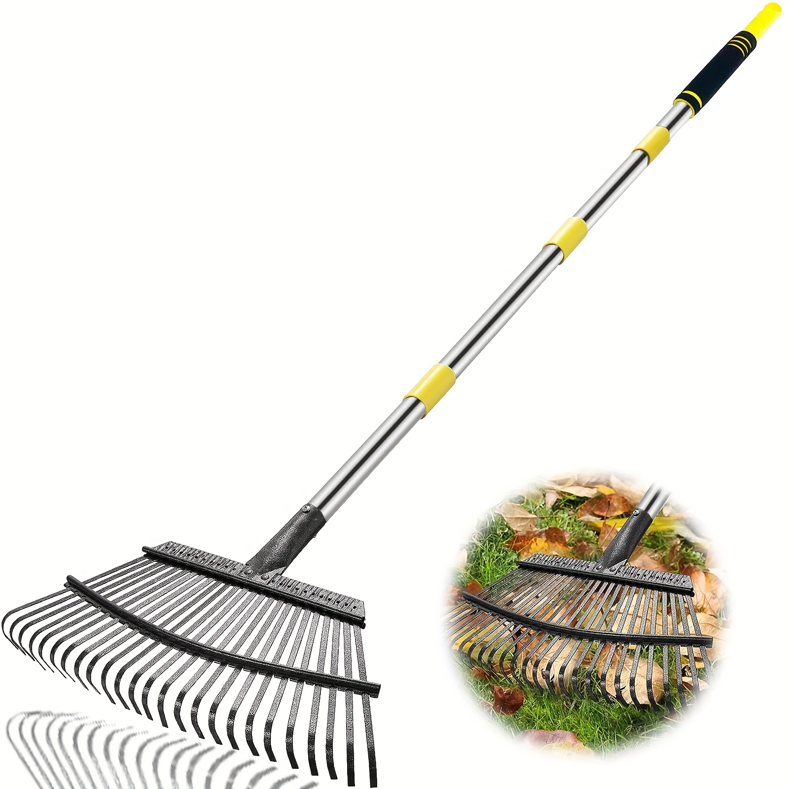 Image of Rake For Leaves Adjustable 72 Inch Long, Inch Rake With 25 , Metal Leaf Rake, Rakes For Lawns, Gathering Leaves, Weeds