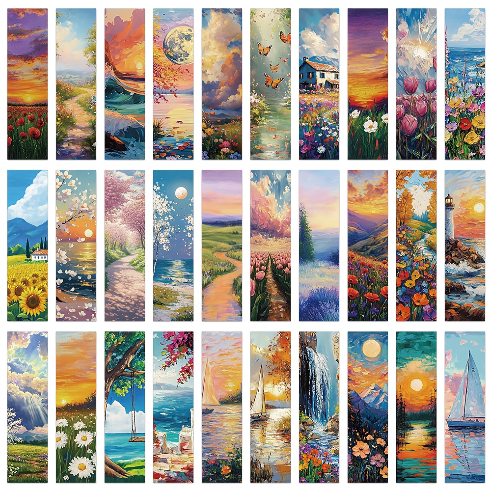 Image of 30 Romantic Landscape Oil Painting Bookmarks For Students, Multifunctional Paper Cards For Marking Reading Books, Decorative Bookmarks For Book Pages