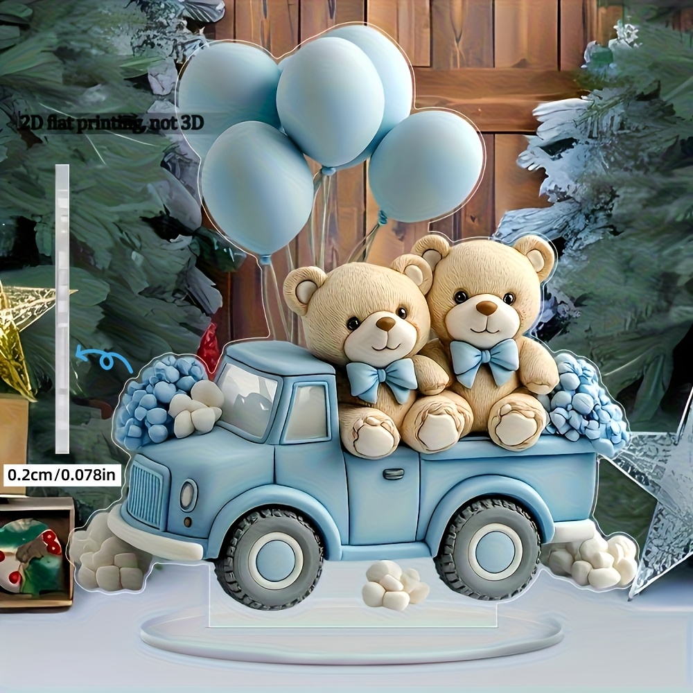 TEMU Decorazione da tavolo 2D piatta - Camion orsetto blu in acrilico, una statuetta di animale 2D con palloncini, un oggetto decorativo versatile in