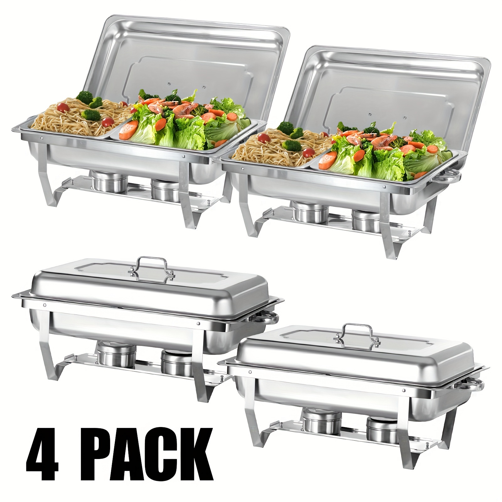 

4 Pack 8qt Half Size Stainless Steel Chafing Dish Buffet Set - Food Warmer Kit With Tight-fitting , Deep Food Pans, Water Pan, And Fuel Holders For Restaurant, Catering, Parties, And