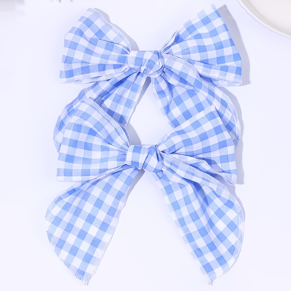TEMU 2pcs Blue White Gingham Bow Hair Clips Ribbon Hair Barrettes For Sweet Preppy Hair Accessories For Daily Wear School Casual Holiday Gift