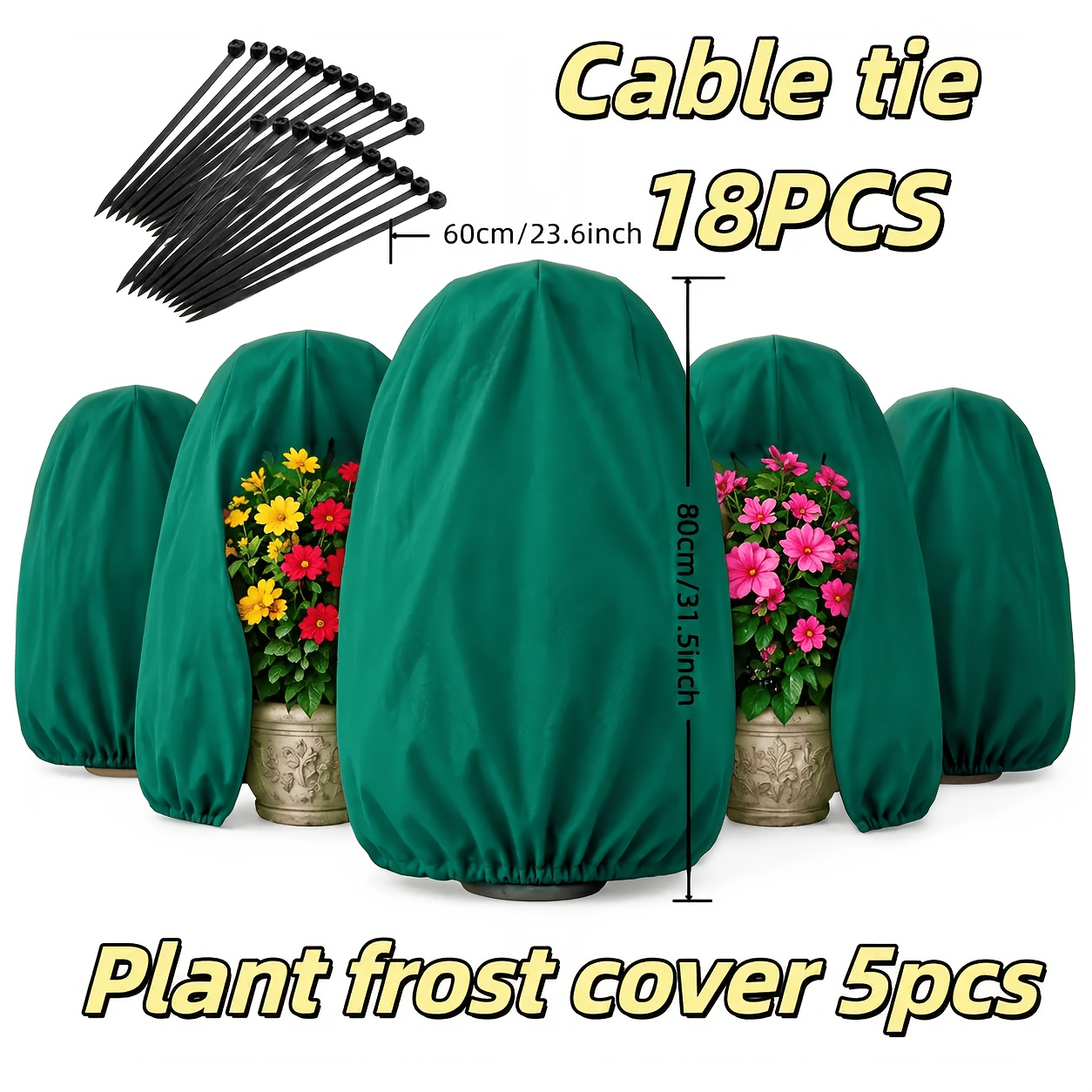 TEMU 5pcs Set Of Multi-functional Green Plant Frost Protection Covers, With 18pcs Cable Ties, Multi-specials , Breathable And Washable Reusable,