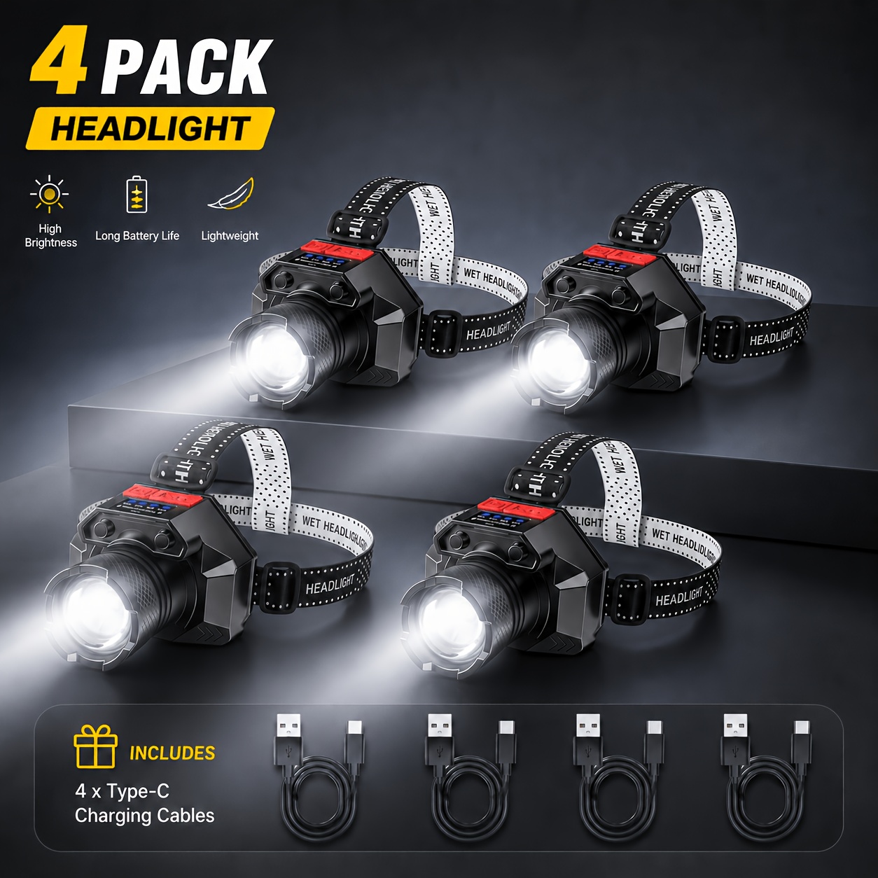 TEMU 2-pack/4-pack Nieuwe Ultraheldere LED Telescopische Zoom Hoofdlamp, Enkele Eenheid met 1200mAh Lithiumbatterij met Hoge Capaciteit, Type-C