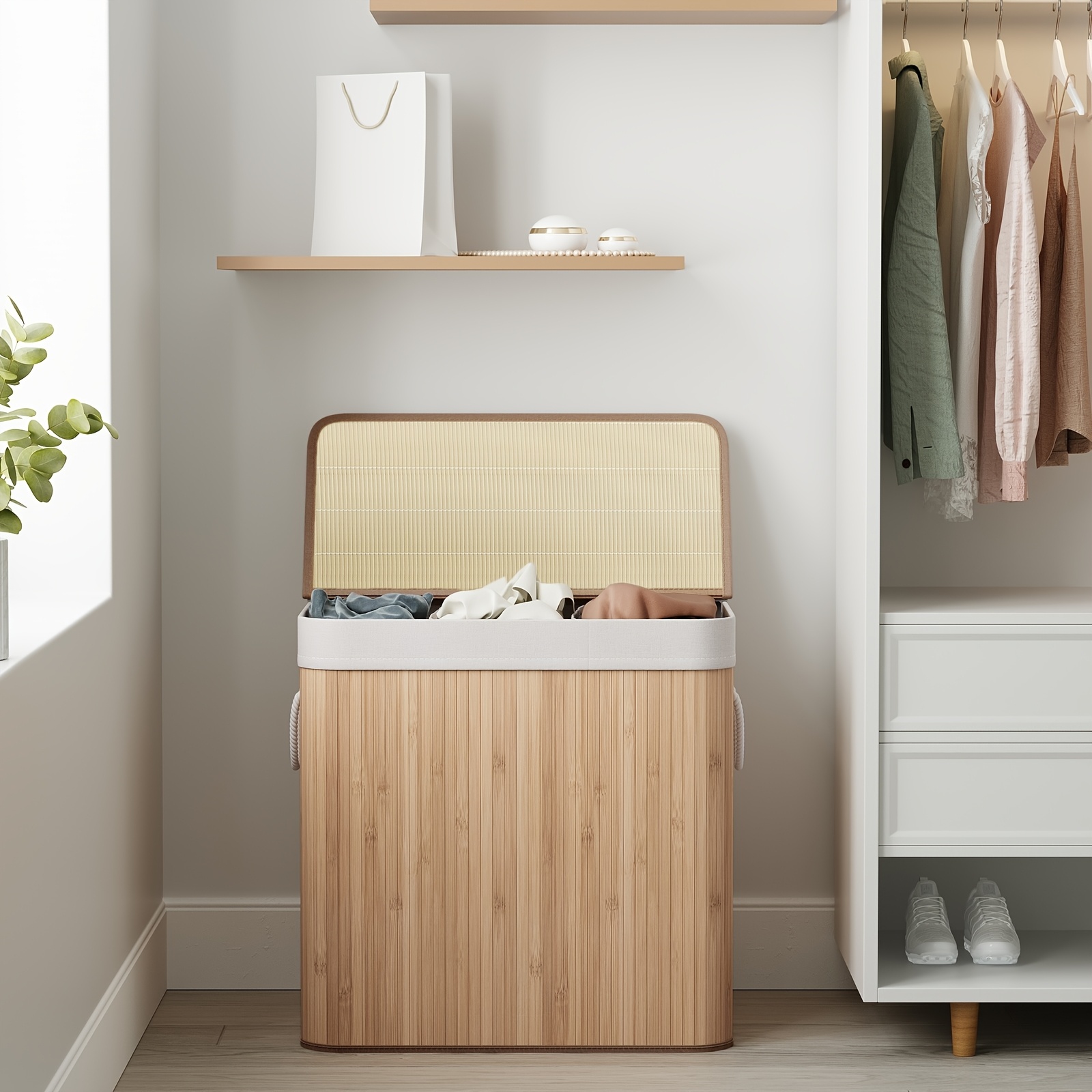 Laundrybasket, 150l, Dirty Laundry Basket, 3 Sorting Compartments, Lid Made Of Bamboo, Handles, Foldable, Removable Bag, Machine Washable, For Laundry Room, Bedroom, Laundry Hampers