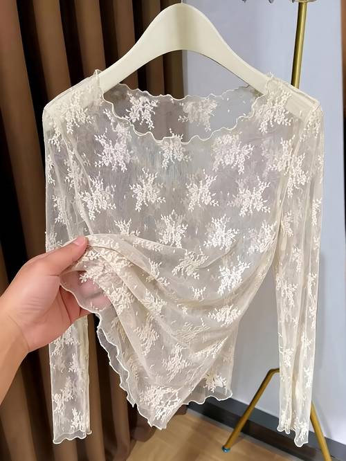 sheer round neck lace base layer top womens new lightweight sheer long sleeve inner mesh blouse thin