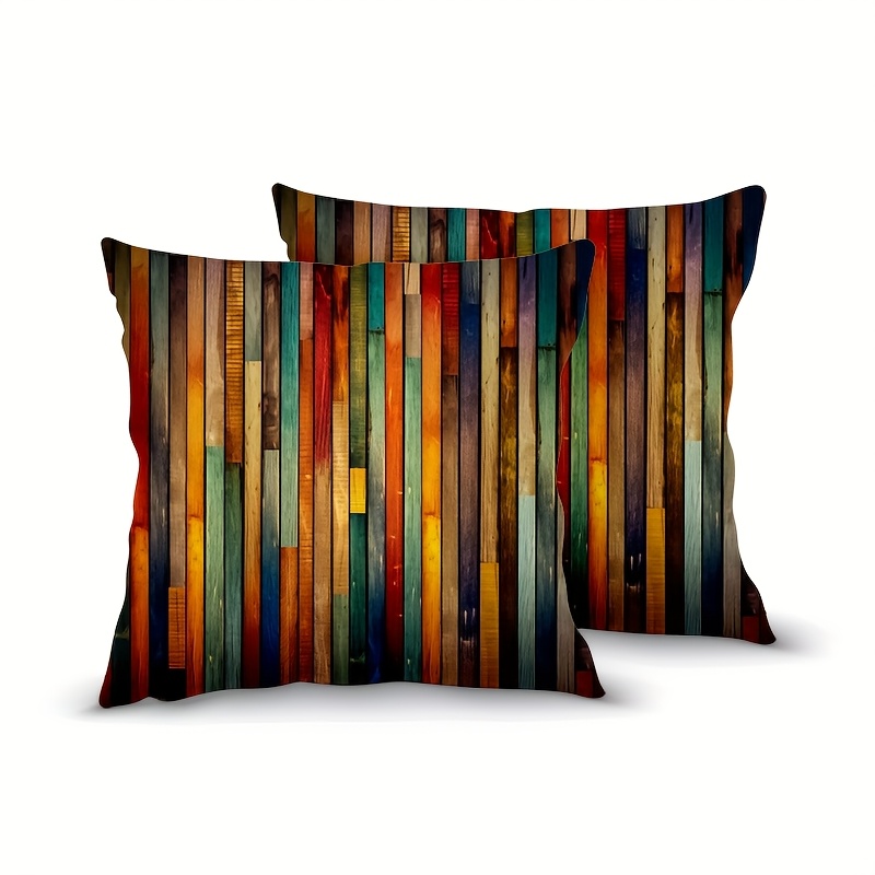 TEMU 2pcs Boho Pillow Covers, Colorful Wooden Plank Design 18x18 Inch, Single-sided Printing, Decor For Sofa And Living Room, Machine Washable, Spring And Holiday Decor