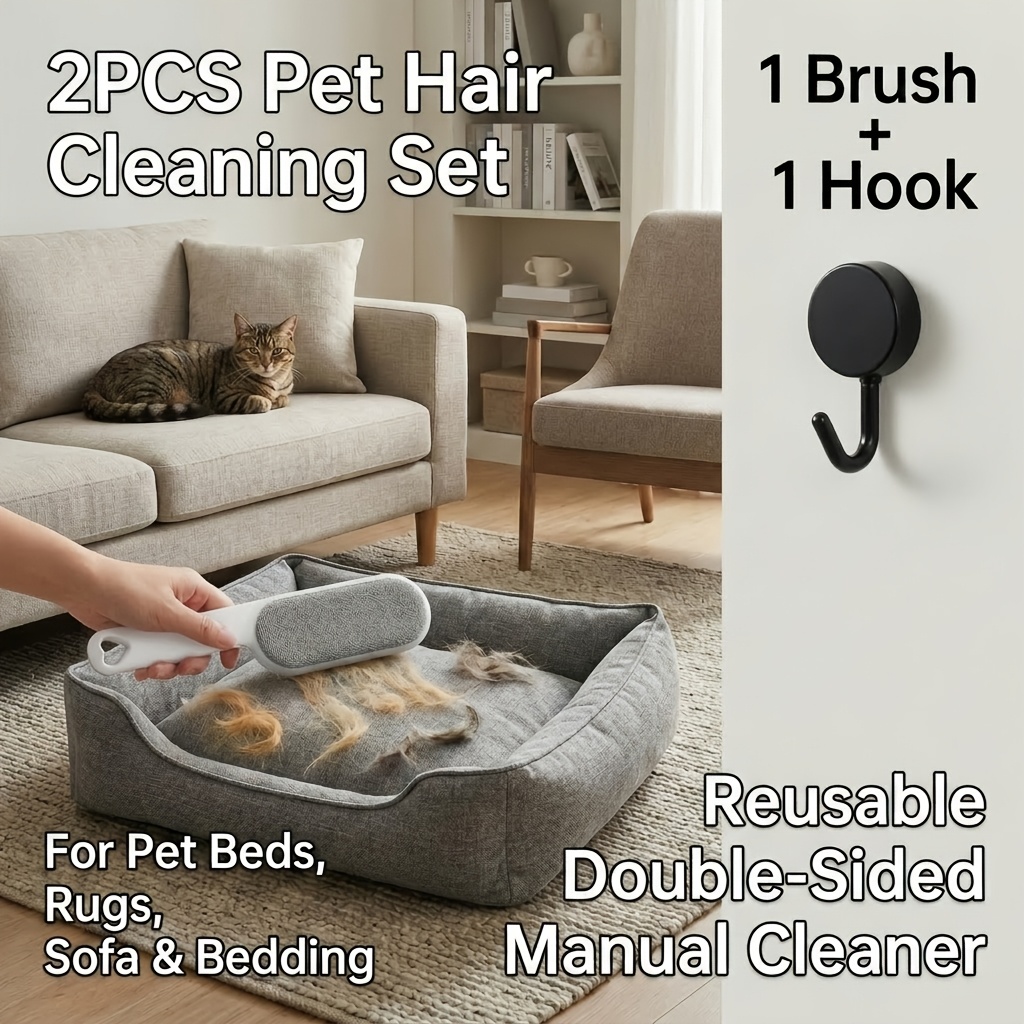 TEMU 2pcs Set [1pc Dusting Brush And 1pc Round Hook], Double-sided Hair Cleaning Brush, Suitable For Sofa Clothes Carpet Bedding Hair Removal, Home
