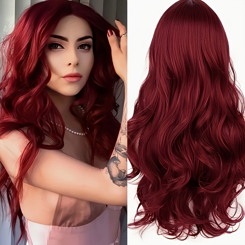 TEMU Perruque bouclée bordeaux pour femmes, 28 pouces de long, part au , cheveux synthétiques résistants à la chaleur, grandes , convient pour un