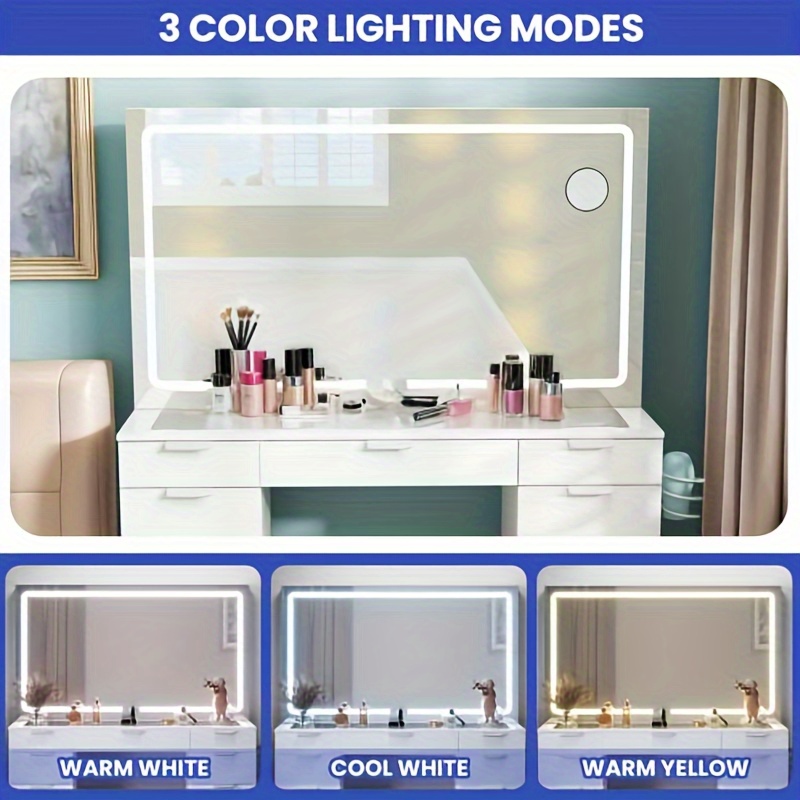 

Cozrex Vanity Desk Set With Large Led Lighted Mirror & Power Outlet, Glass Top Vanity With 11 Drawers And Magnifying Glass, 46'' Large Makeup Vanity With Storage Bench, White Vanity For Bedroom