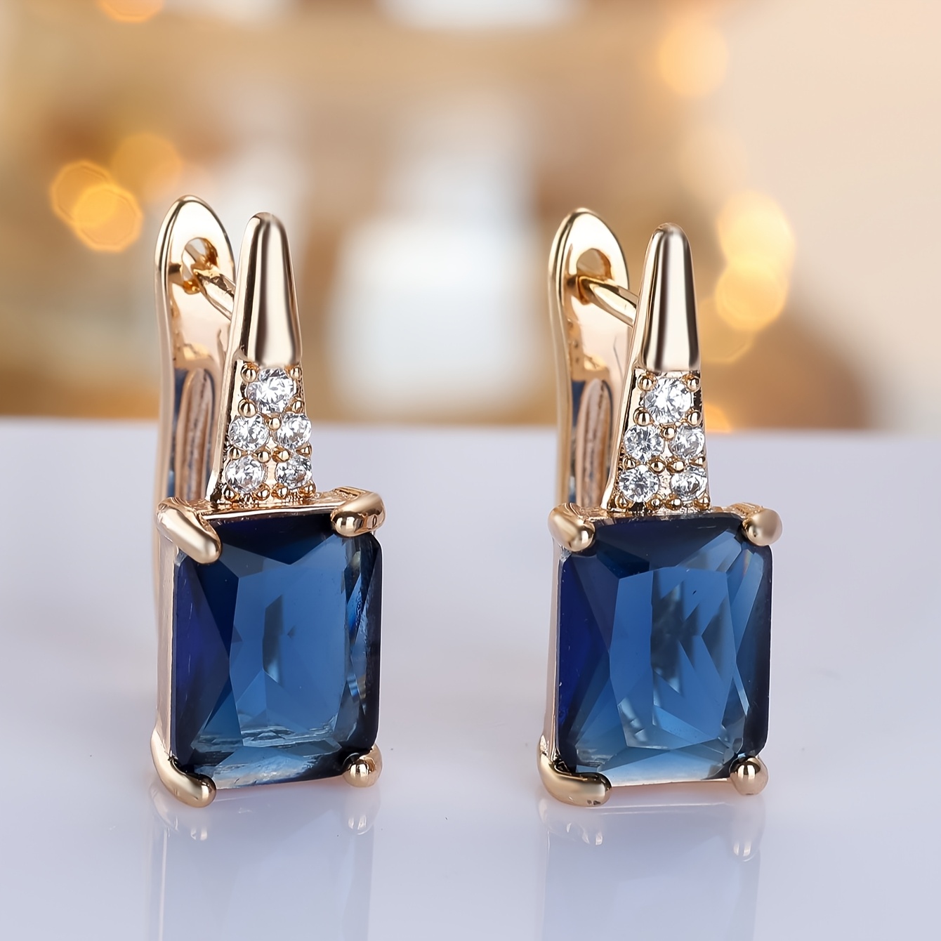 Image of Elegant Blue Drop Earrings With A Sparkling , Perfect For Women , Parties, Or Everyday Wear In Luxurious Golden