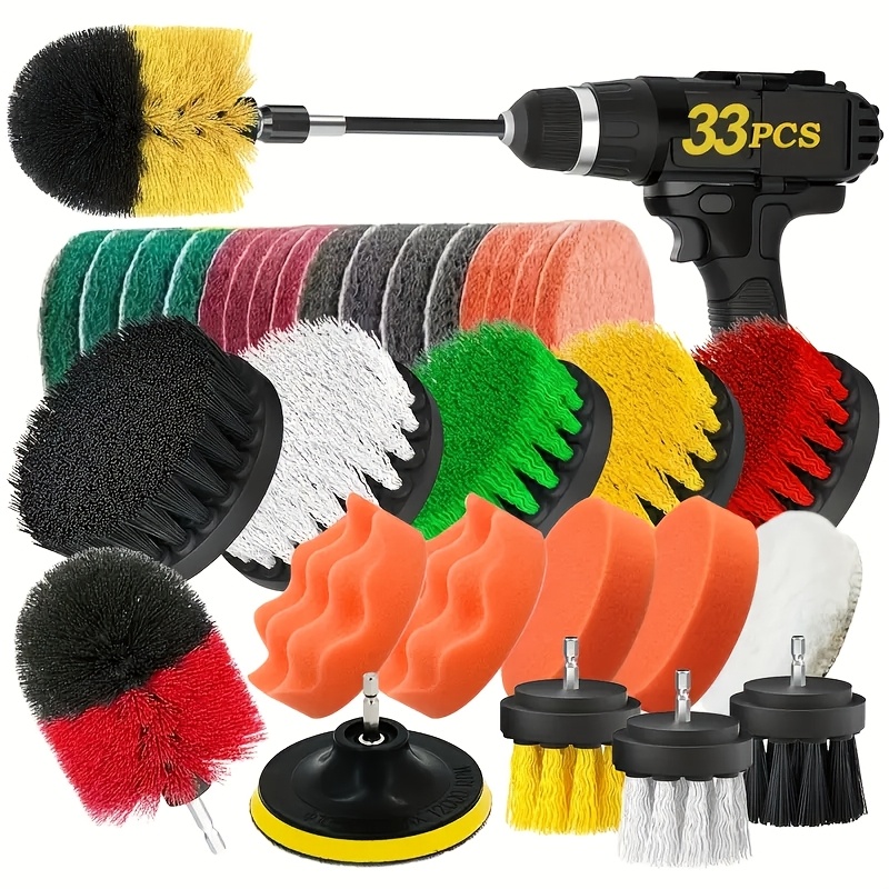 Image of 11pcs/33pcs Set, Drill Brush Attachment, Frosted Pad And Sponge Electric Brush With Extension Rod For Grouting, Bathroom Surfaces, Sinks, Corners, , Carpets, Floors, Laundry Room Cleaning