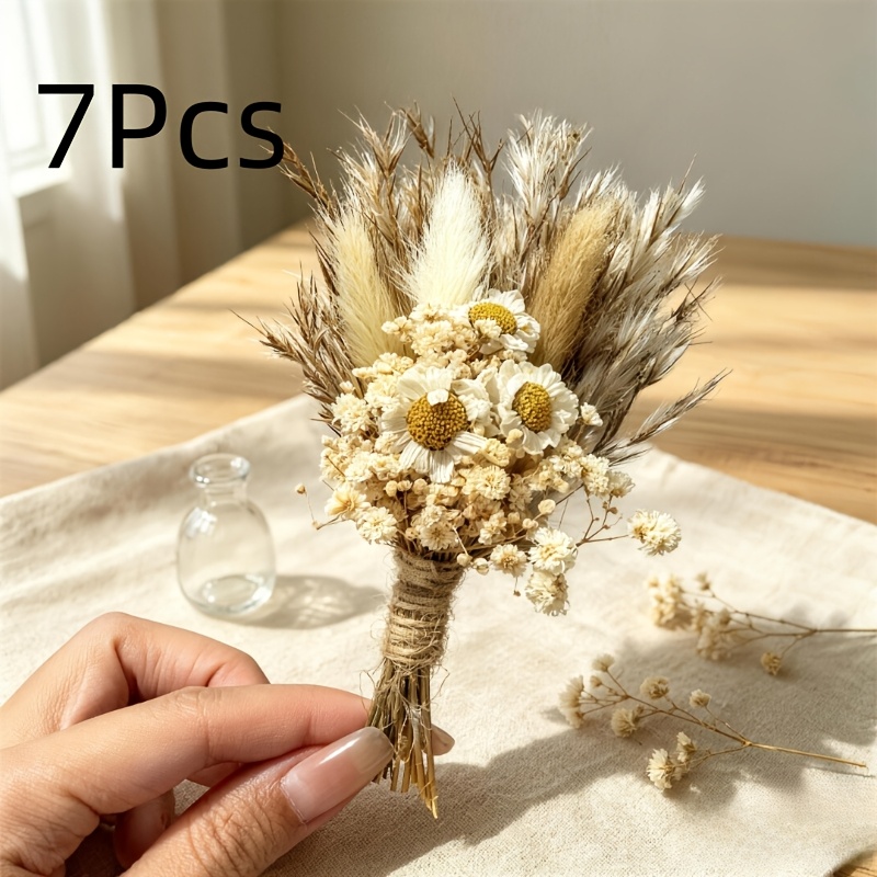 TEMU 7pcs Mini Bouquets de Fleurs Séchées Naturelles "Forever", Fournitures d'Artisanat pour Corsages de Mariage, Parfaits pour Cadeaux de Mariage,