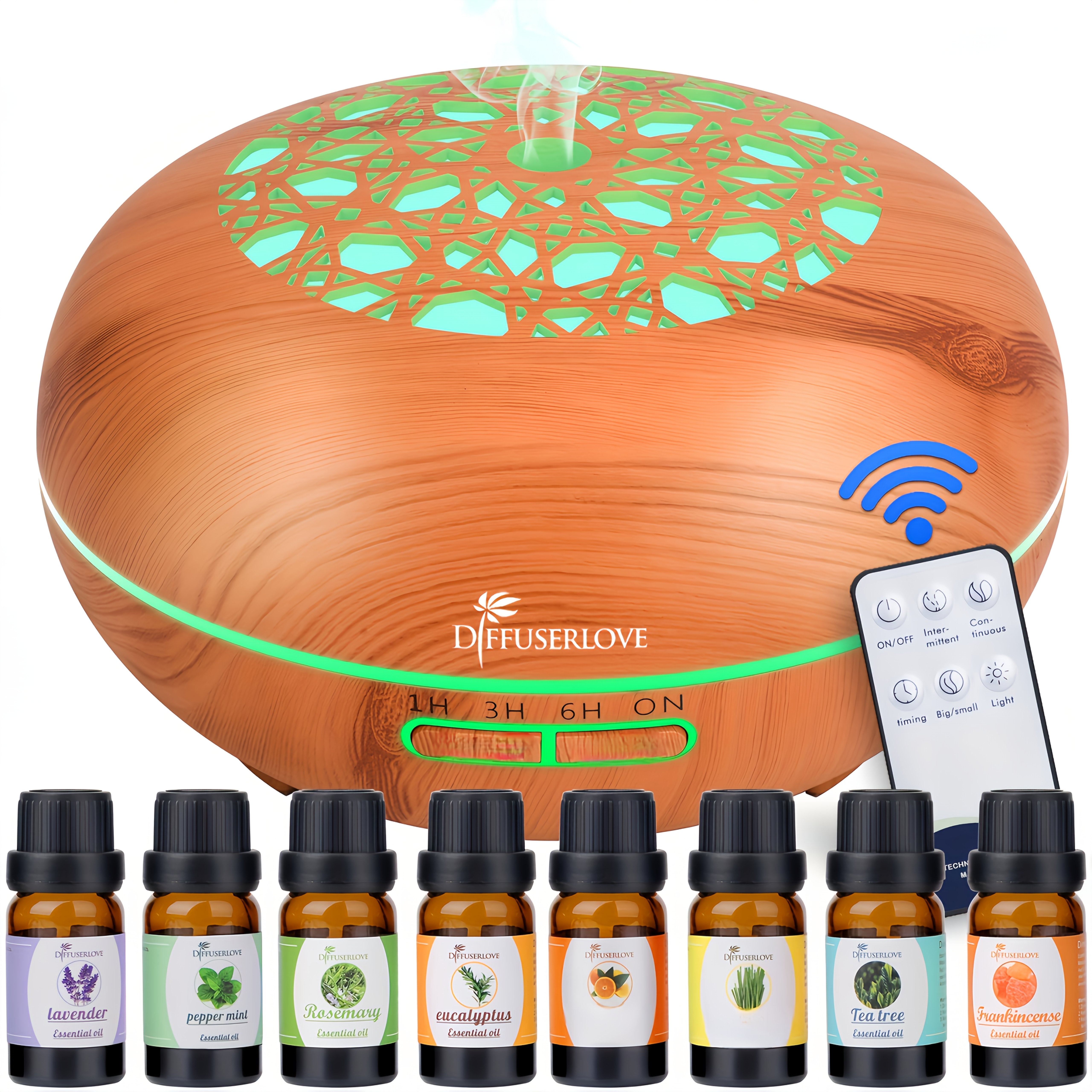 

Essential Oil Diffuser With 8 Essential Oils 550ml Remote Control Aromatherapy Diffuser Humidifier With 4 Timers, 7 Colour Led Lights And Auto-off For Home, Bedroom And Office.