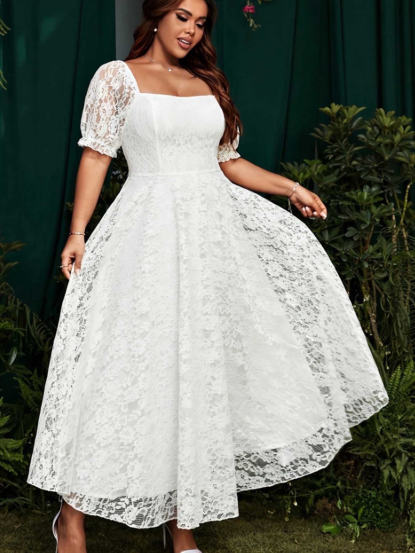 floor length white dress plus size Plus Size Long Sleeves Bodycon V-Neck Lace Top Wedding Dress with Chiffon main image 1