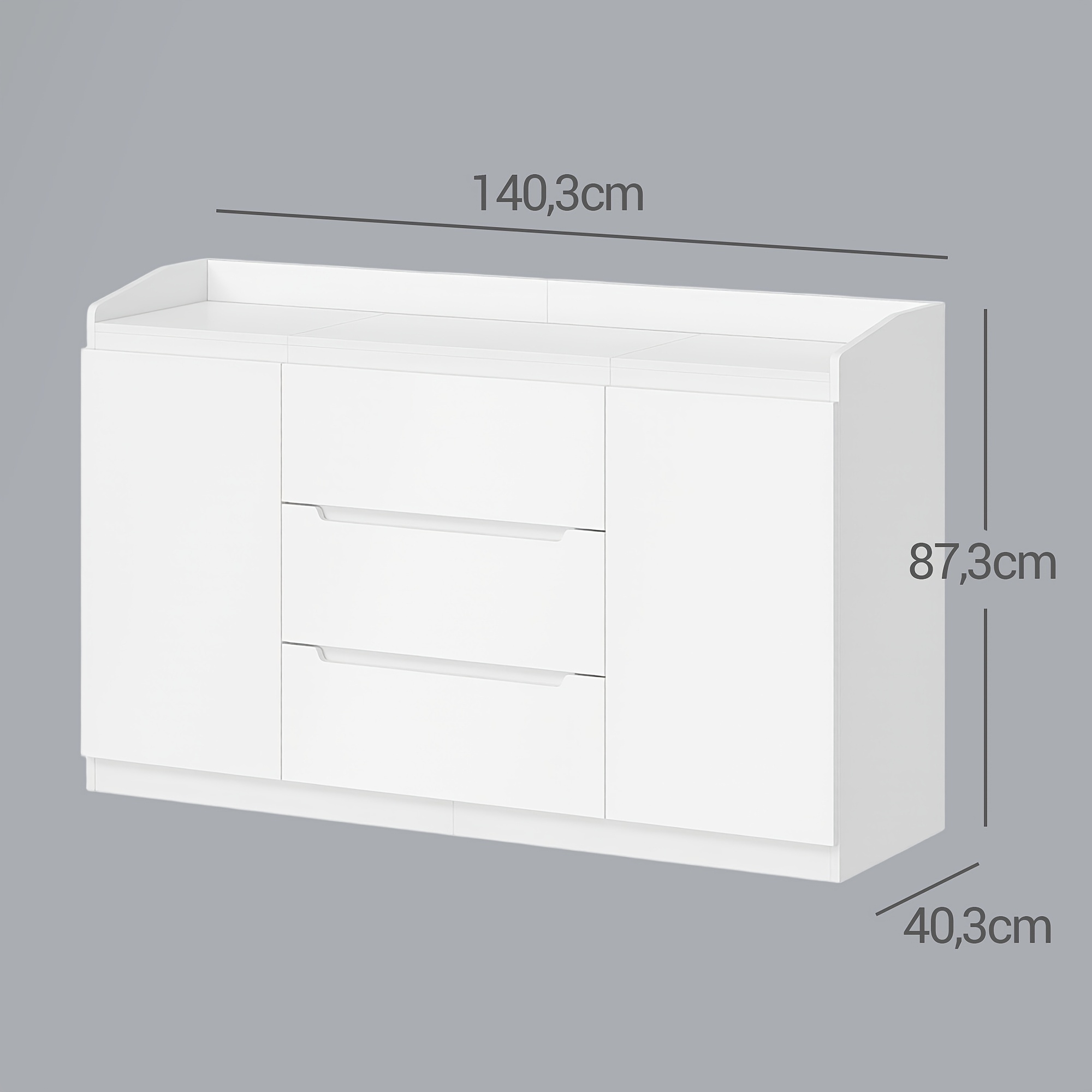 Image of Sideboard, Storage Drawer Unit, 140.3cm Long, 3 Drawers With , White Wood Material, Suitable For Bedrooms, Or Living Rooms, Furniture