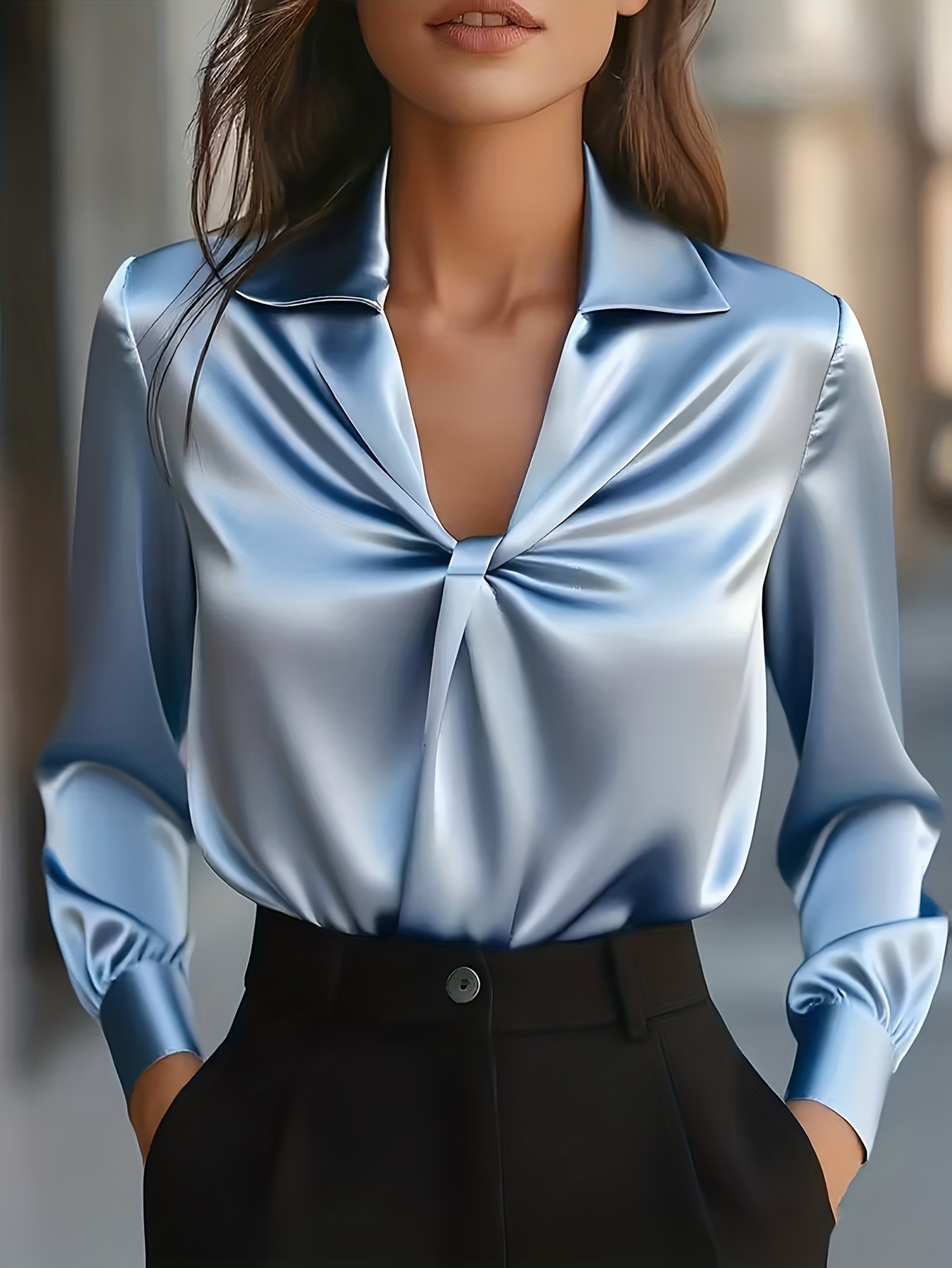 Elegante camisa de mujer con diseño de torsión y cuello en V, mangas largas, ideal para uso diario