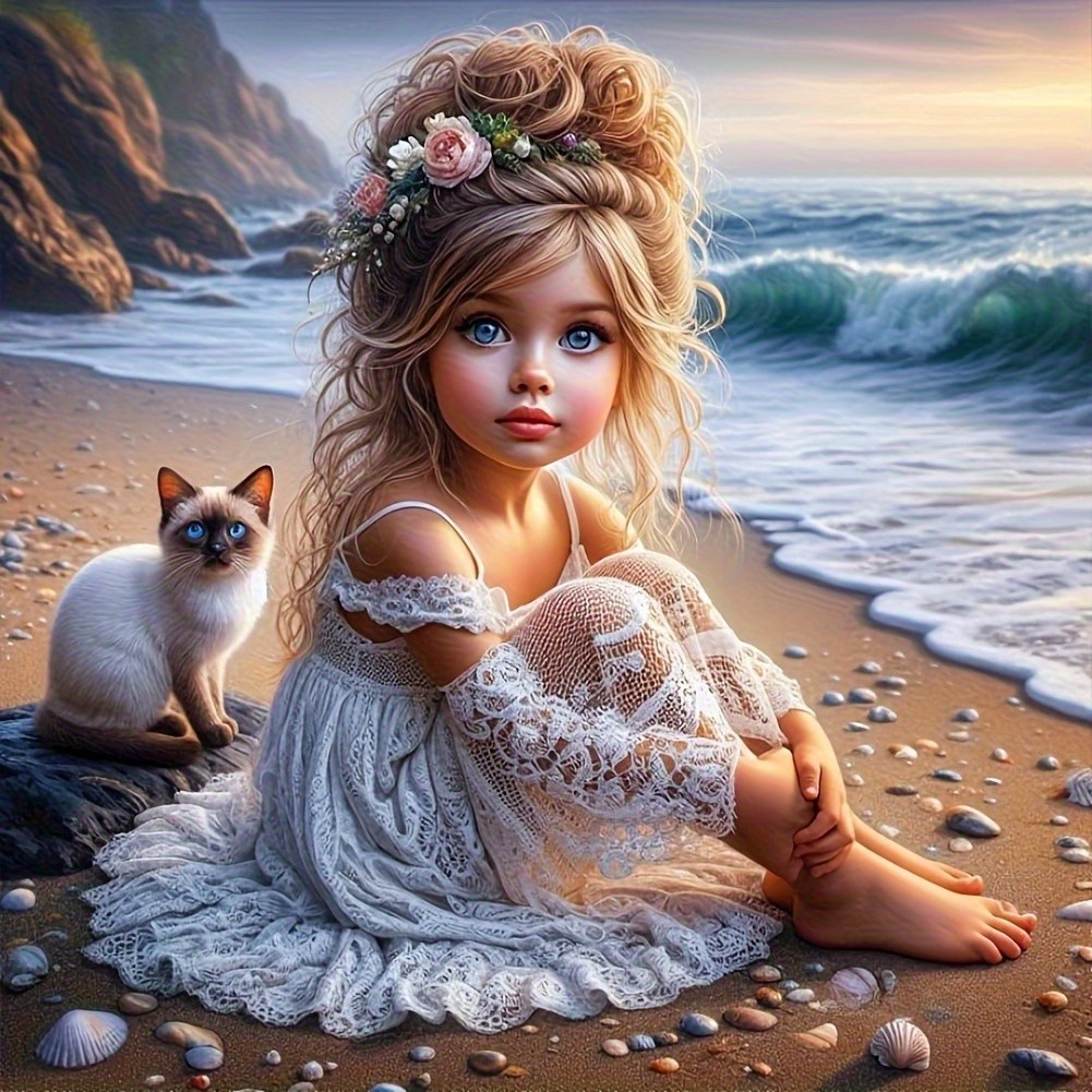 TEMU Beauty And Kitten Sitting On The Beach Frameless 2d Diamond Painting Kit, Colorful , Full Art, Diamond Painting Craft For Wall Decor Surprise