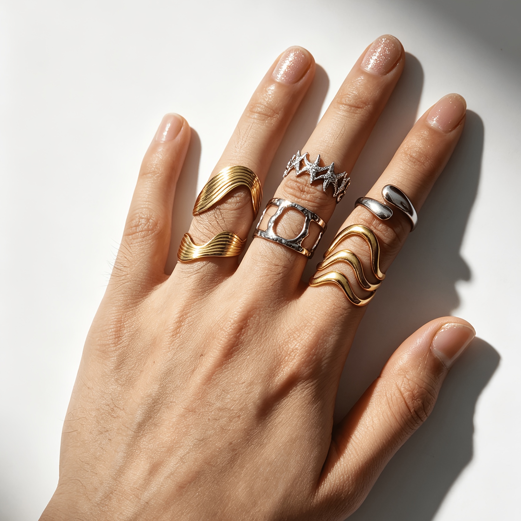5pcs Golden and Silvery Stainless Steel Ring Set