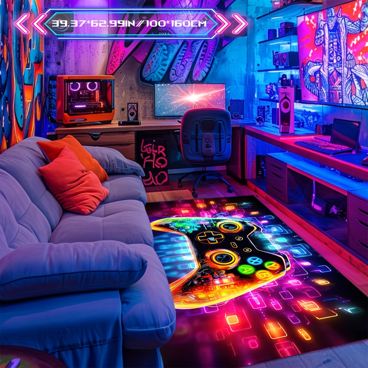 TEMU [ And 800g Per With Anti-slip Dot Plastic Base] Vibrant Gaming Room Atmosphere Game Controller Pattern Christmas Decor Carpet, Comfortable And