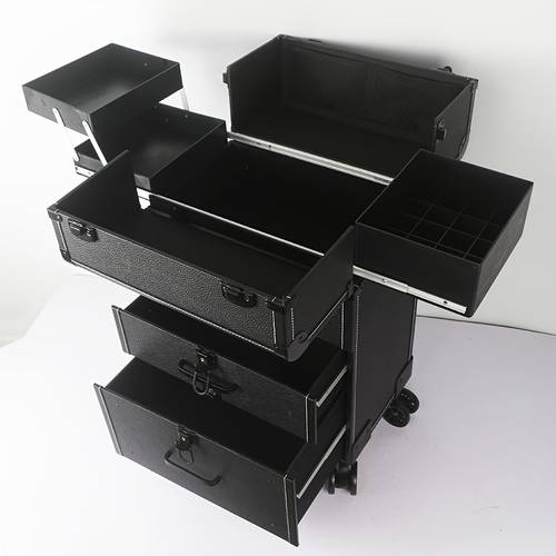item picture rolling makeup train case cosmetology box on wheels large storage cosmetic trolley salon barber case traveling cart trunk portable aluminum makeup trolley cart for travel with sized trays and drawers eyelash extensions and nail tools storage