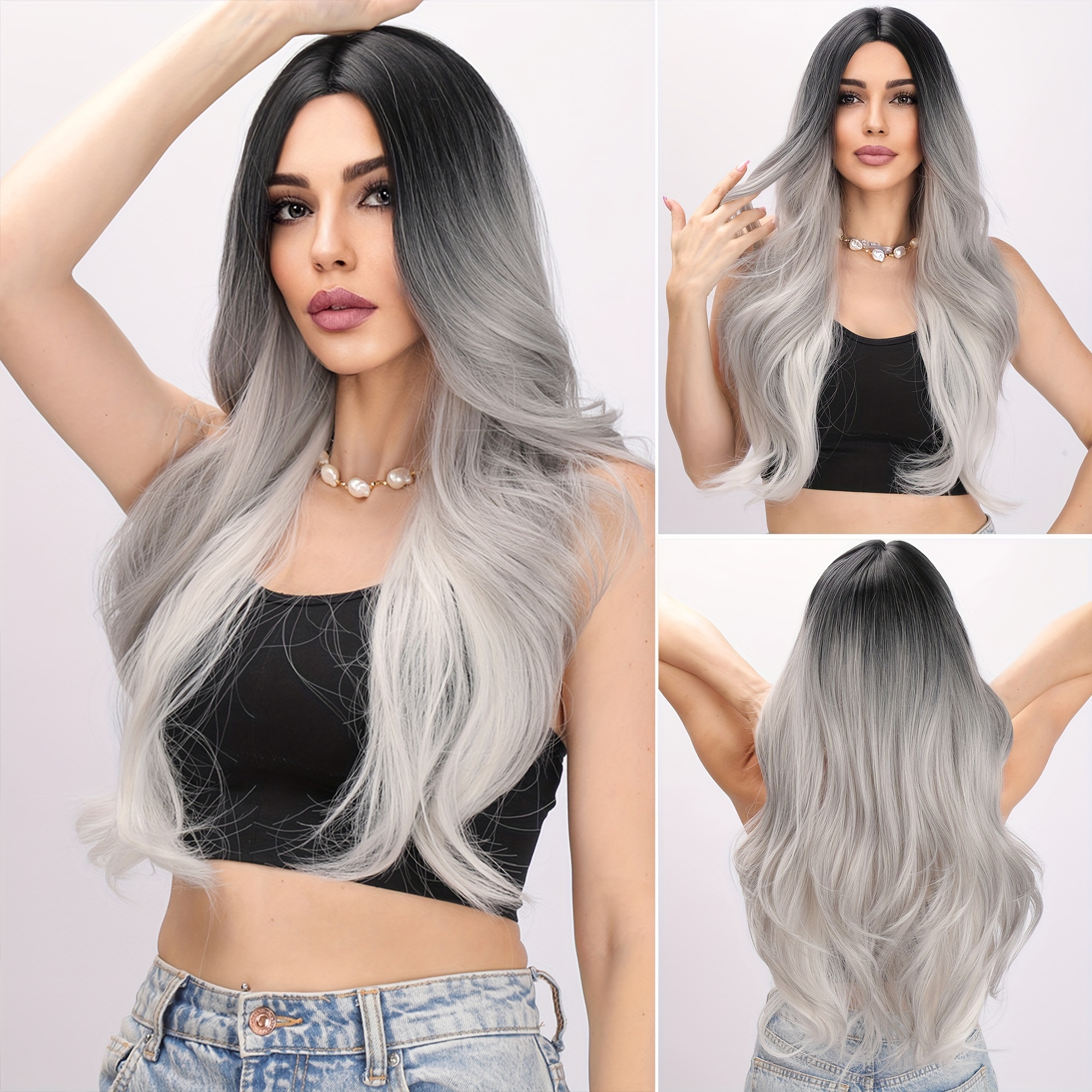 

Smilco 30 Inch Gray Gradient Wave Curly Long Wig, Suitable For Wearing Synthetic Fiber Women's Wigs At Parties