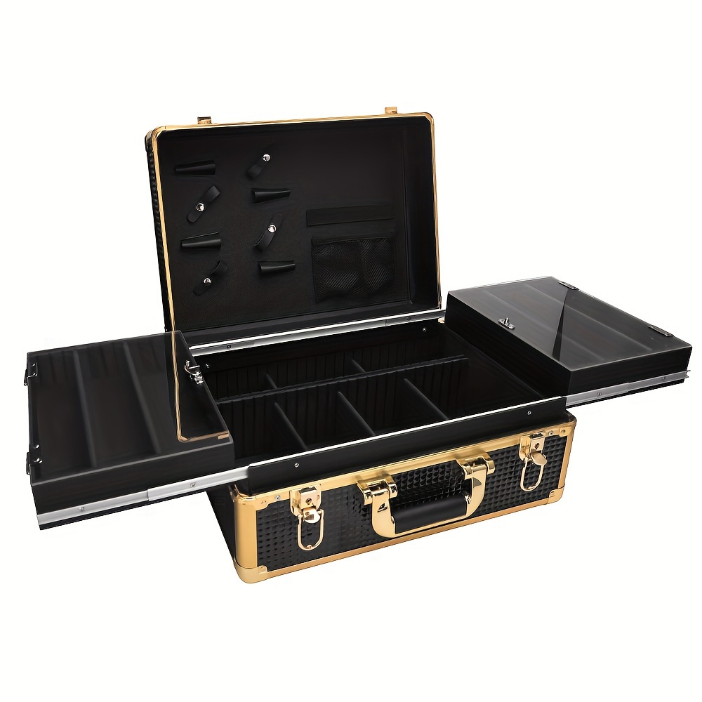 professional hair styling kit luxurious golden and black travel case for hairdressers includes scissors combs brushes and more details 1