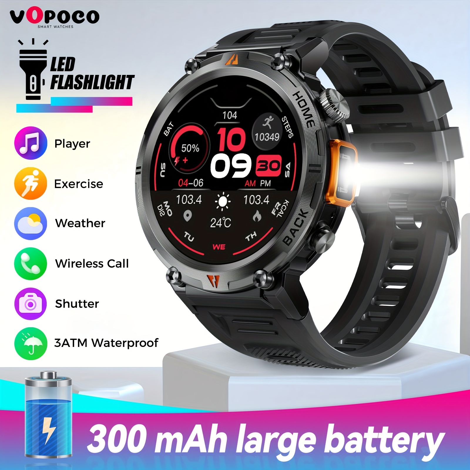 

Vopoco Multi-sport Smart Watch For Men & Women, Android & Ios Compatible, Waterproof, Led Flashlight, Wireless Call & Message Notifications, 300mah Long Battery Life, Ideal Father's Day Gift