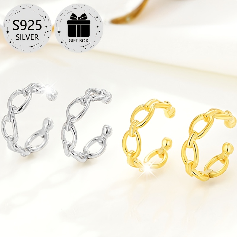 2pcs Geometric Hollow Clip On Earrings 925 Silver Lightweight