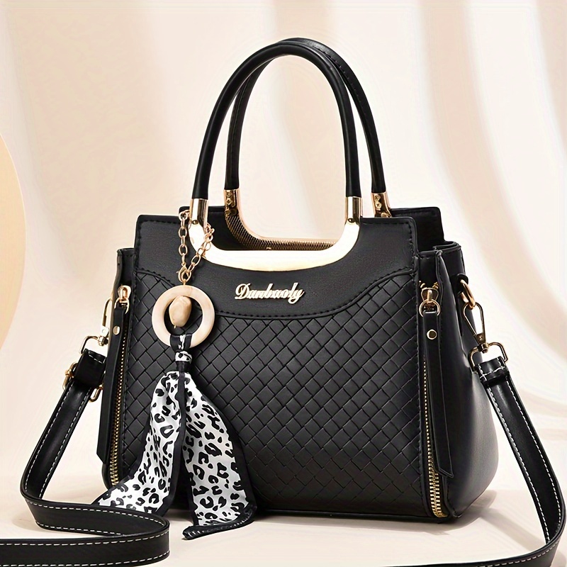 

Elegant Women's Tote Bag, Fashionable Pu Leather Shoulder Handbag With Leopard Print Scarf, Versatile Mom Purse