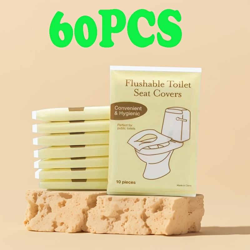 Image of 60pcs Paper Disposable Toilet Seat Cushion, Portable Compact Individually Packaged Flushable Travel Toilet Seat Cushion, Suitable For Hotels, Travel, Public Toilets