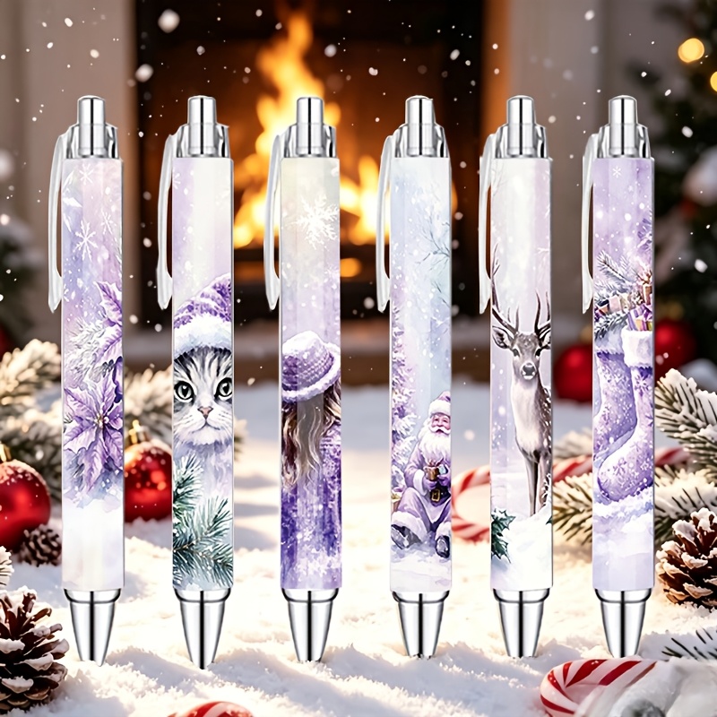 TEMU Noël d'hiver violet, lot de 6 stylos à encre rétractables avec motif de de neige, chat, Père Noël, de Noël, cadeaux de papeterie fantaisie pour